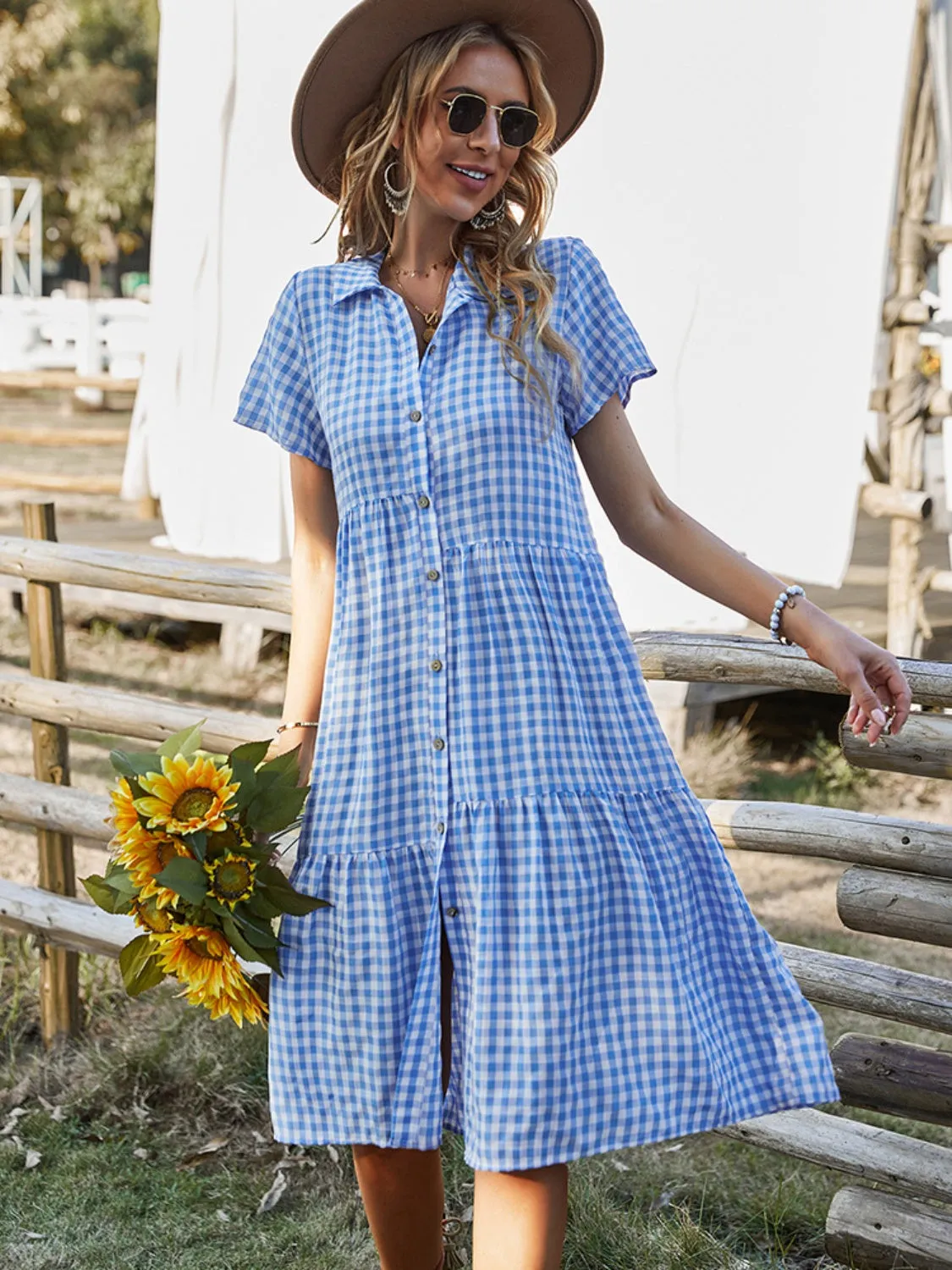 Button Up Plaid Short Sleeve Midi Dress sold by Charming Charlie