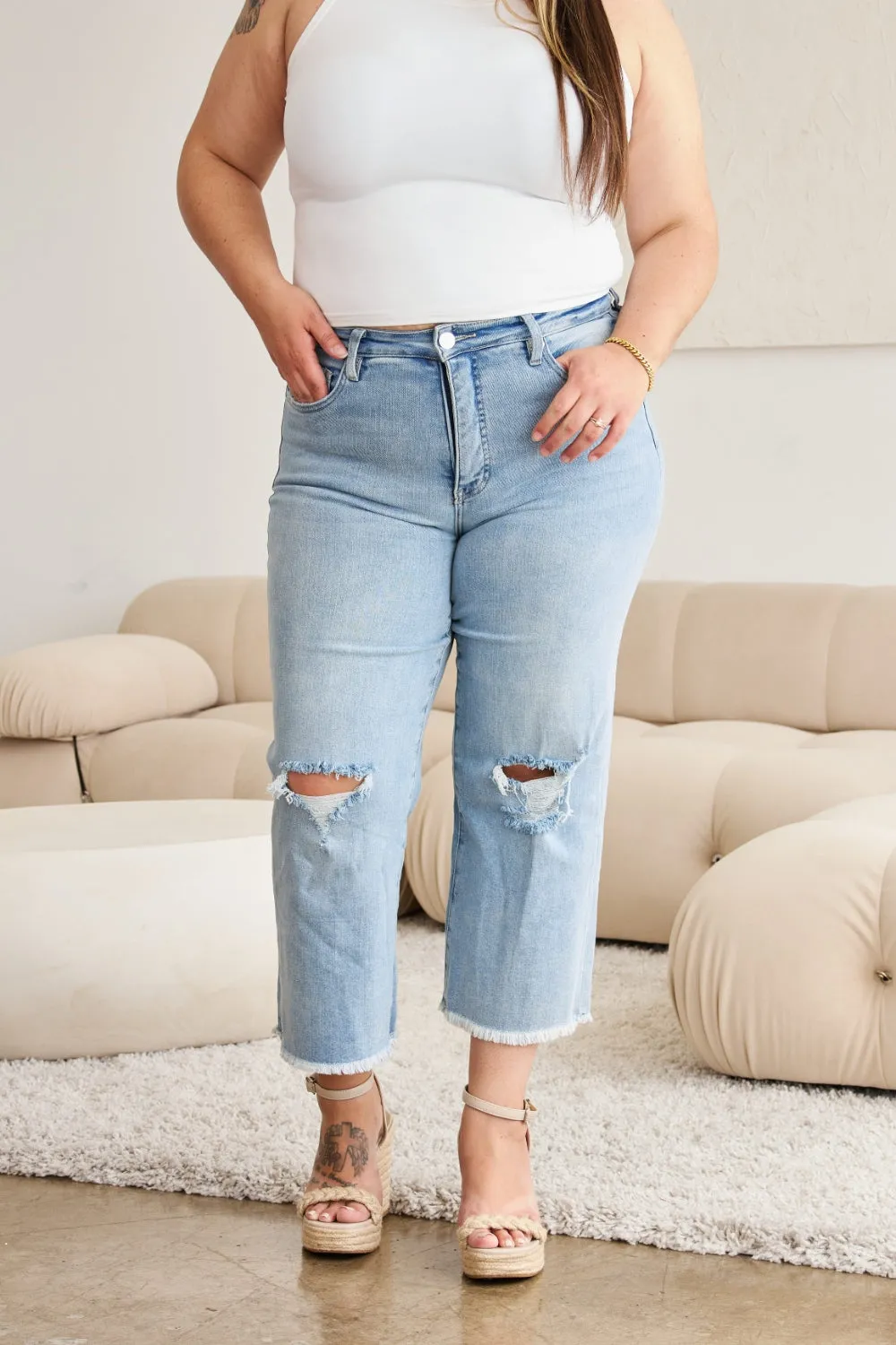 RFM Full Size Tummy Control High Waist Raw Hem Distressed Jeans sold by Charming Charlie product image thumbnail 5