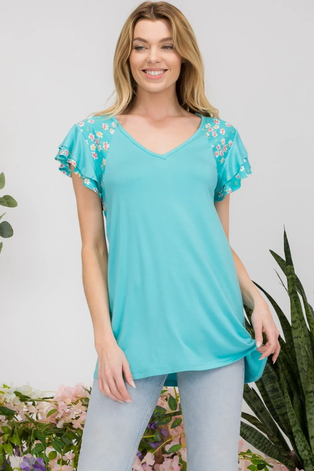 Celeste Full Size Floral Contrast Short Sleeve Top sold by Charming Charlie product image thumbnail 4