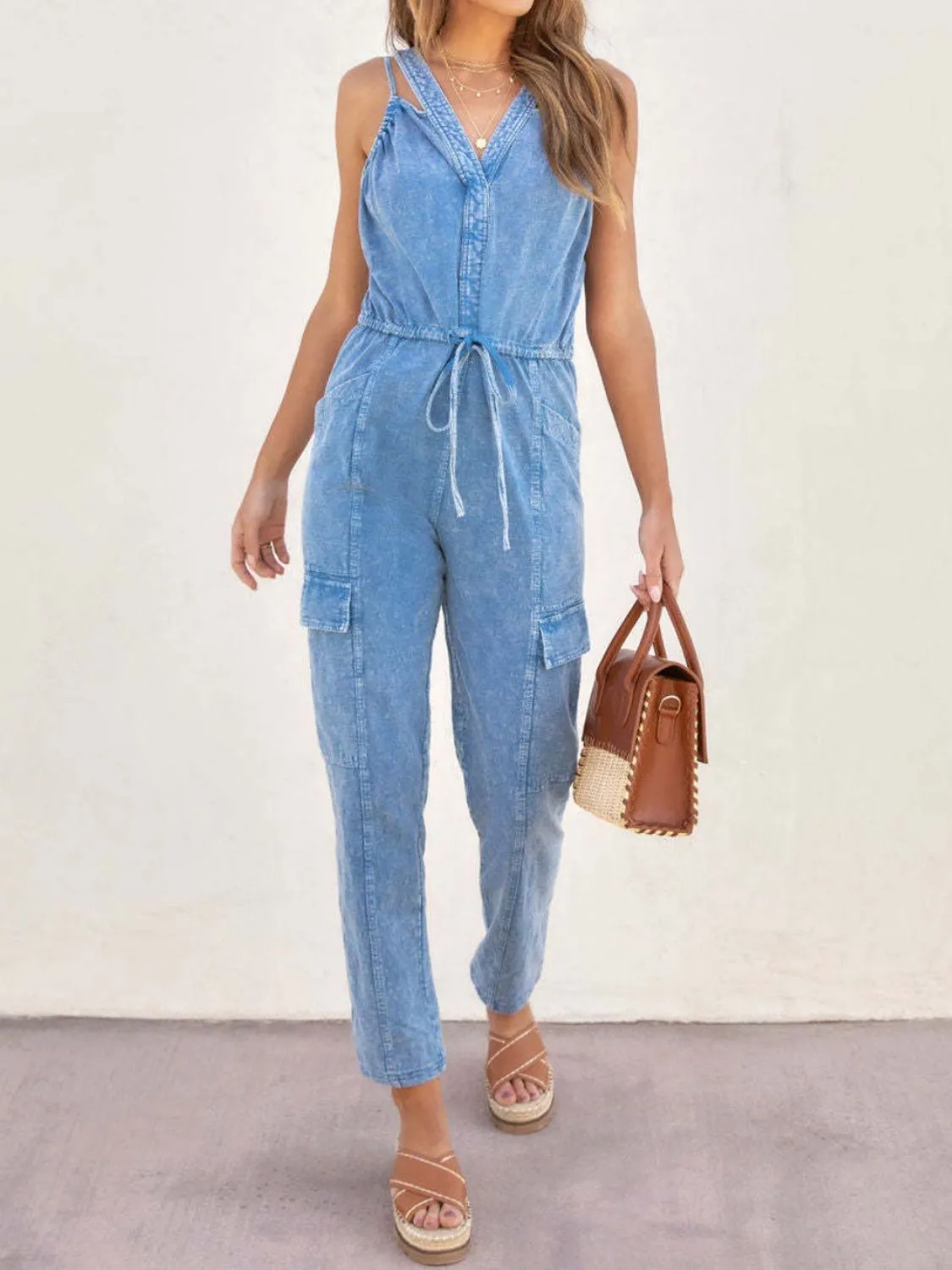 V-Neck Sleeveless Denim Jumpsuit sold by Charming Charlie product image thumbnail 2