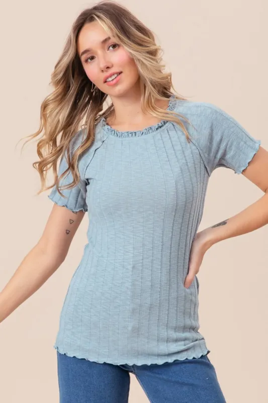BiBi Ruffle Round Neck Merrow Edge Rib Top sold by Charming Charlie