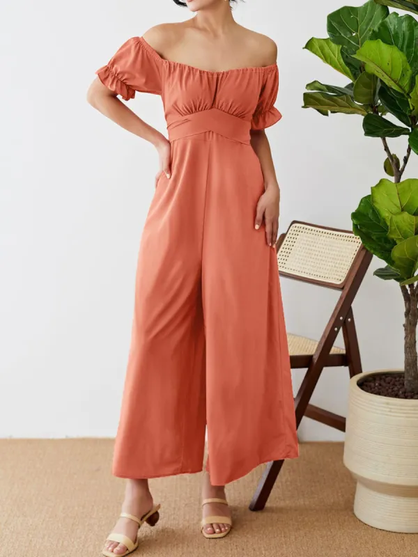 Off-Shoulder Short Sleeve Wide Leg Jumpsuit sold by Charming Charlie
