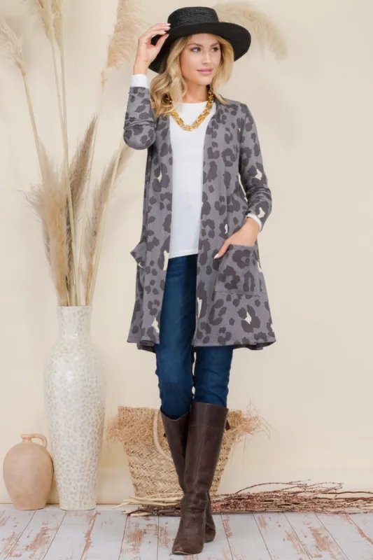 Celeste Full Size Leopard Open Front Contrast Cardigan sold by Charming Charlie