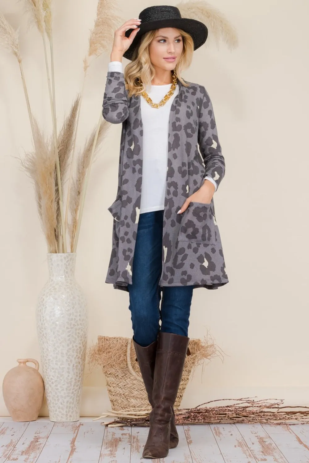 Celeste Full Size Leopard Open Front Contrast Cardigan sold by Charming Charlie