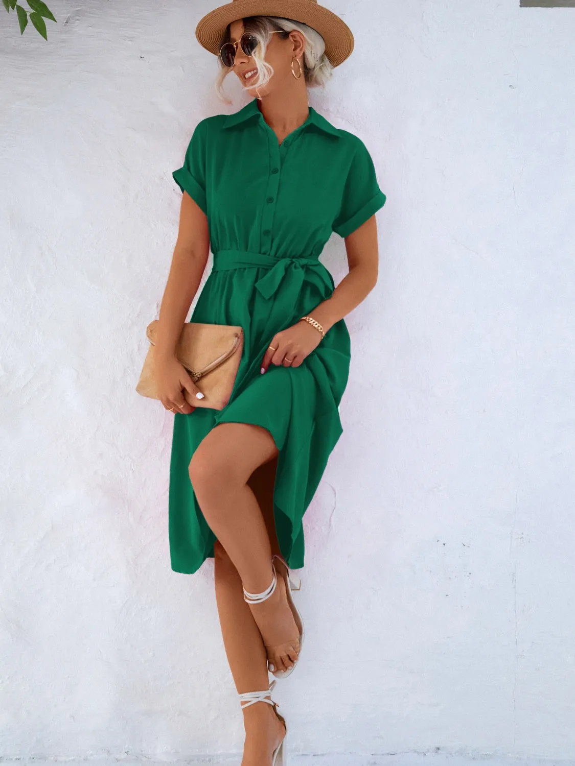 Buttoned Tie Waist Short Sleeve Dress sold by Charming Charlie product image thumbnail 4