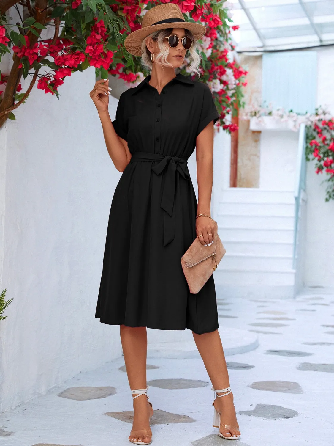 Buttoned Tie Waist Short Sleeve Dress sold by Charming Charlie