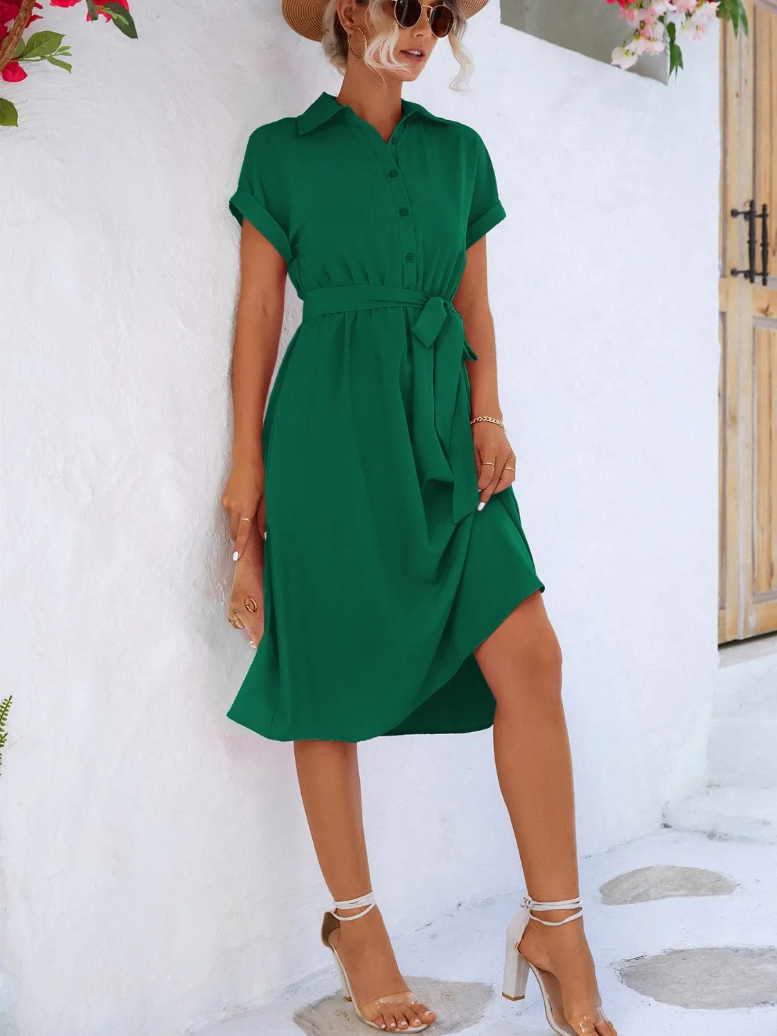 Buttoned Tie Waist Short Sleeve Dress sold by Charming Charlie product image thumbnail 5