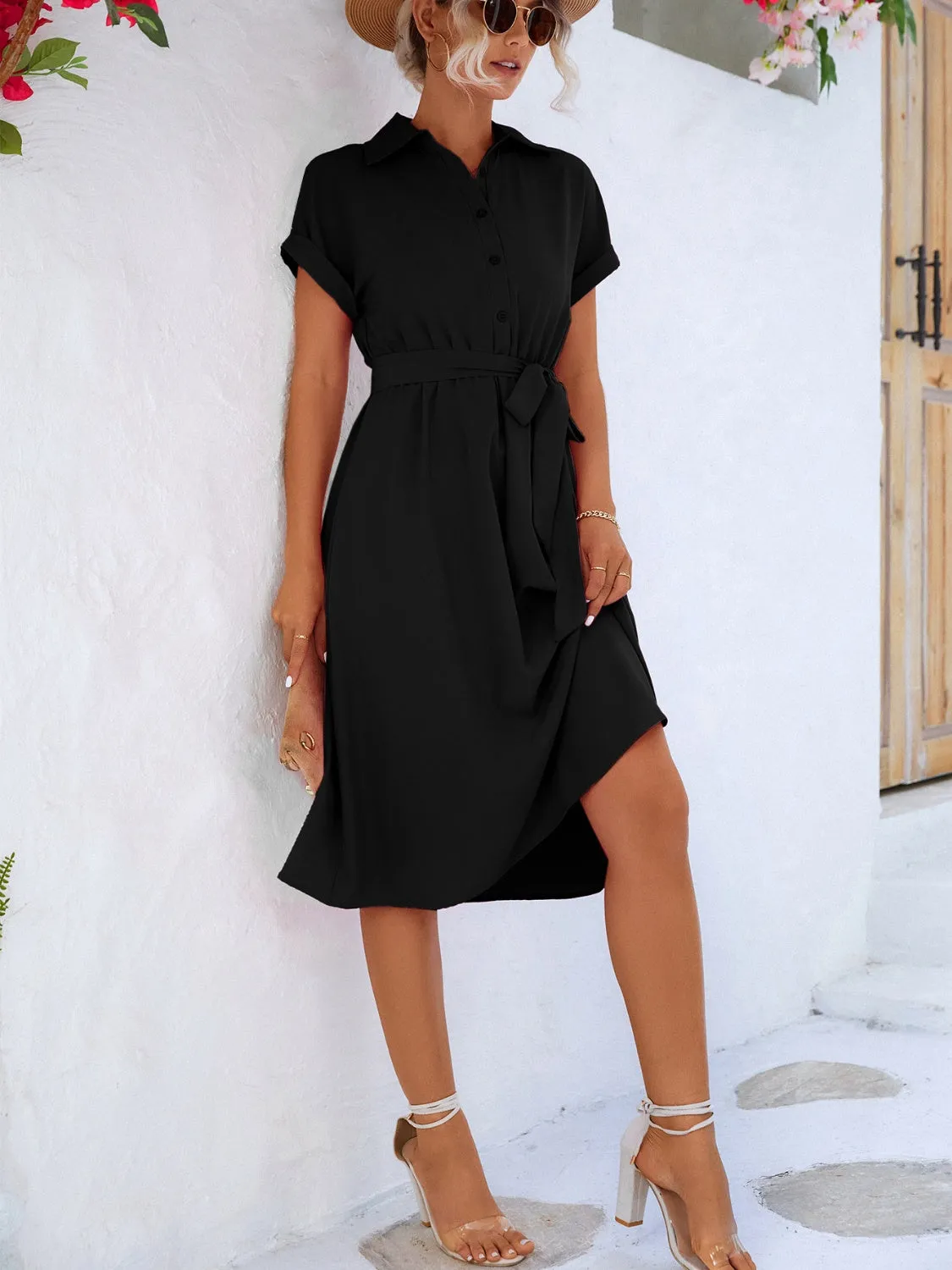 Buttoned Tie Waist Short Sleeve Dress sold by Charming Charlie product image thumbnail 2