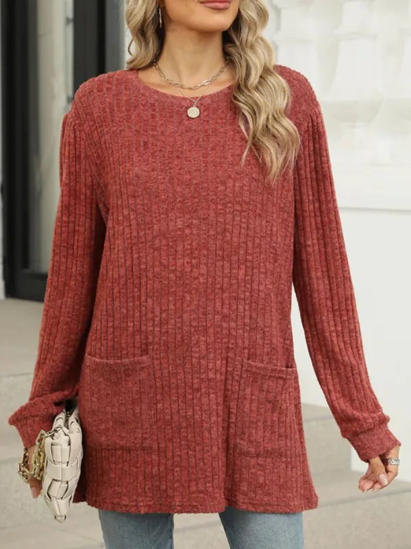 Pocketed Round Neck Long Sleeve T-Shirt sold by Charming Charlie