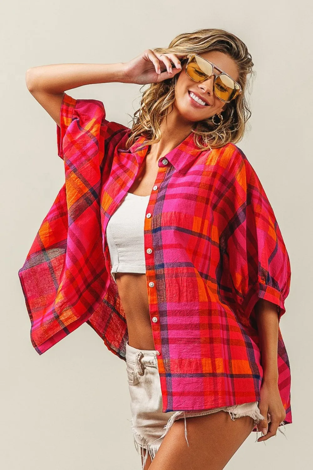 BiBi Button Up Dolman Sleeve Plaid Shirt sold by Charming Charlie product image thumbnail 5