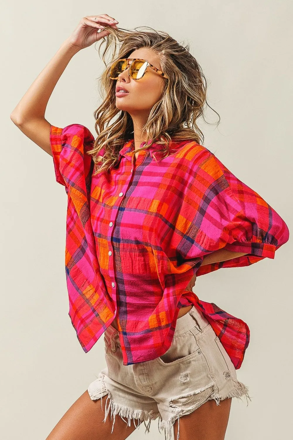 BiBi Button Up Dolman Sleeve Plaid Shirt sold by Charming Charlie product image thumbnail 3