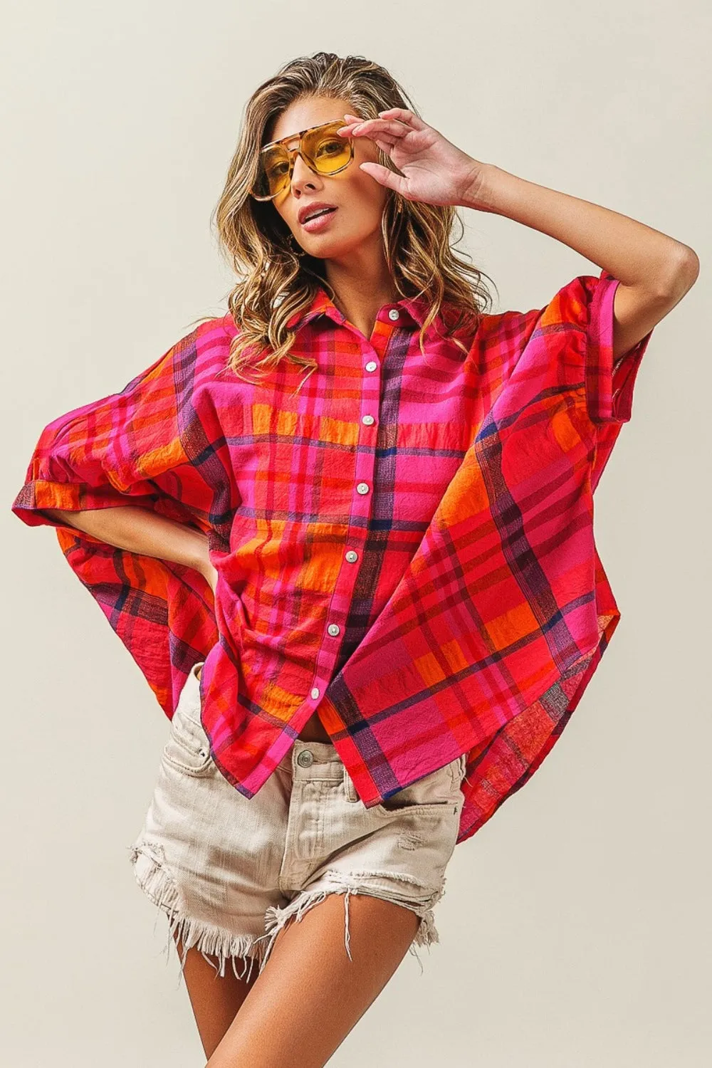BiBi Button Up Dolman Sleeve Plaid Shirt sold by Charming Charlie product image thumbnail 4