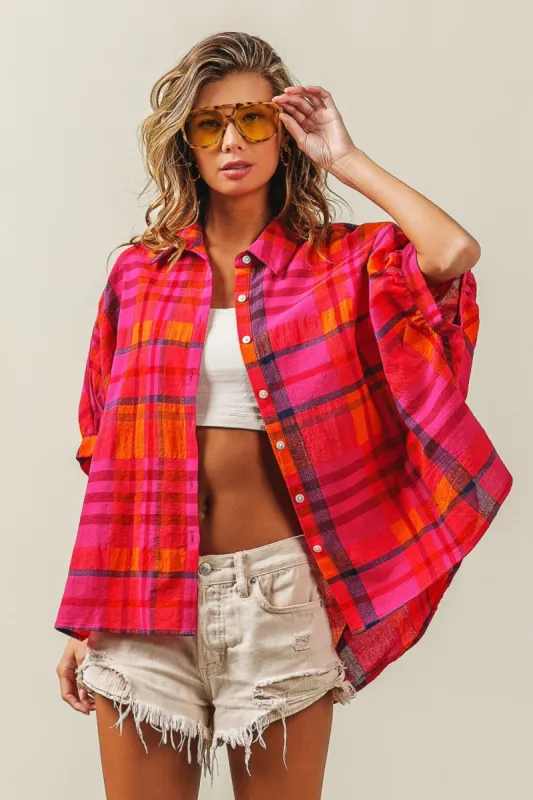 BiBi Button Up Dolman Sleeve Plaid Shirt sold by Charming Charlie