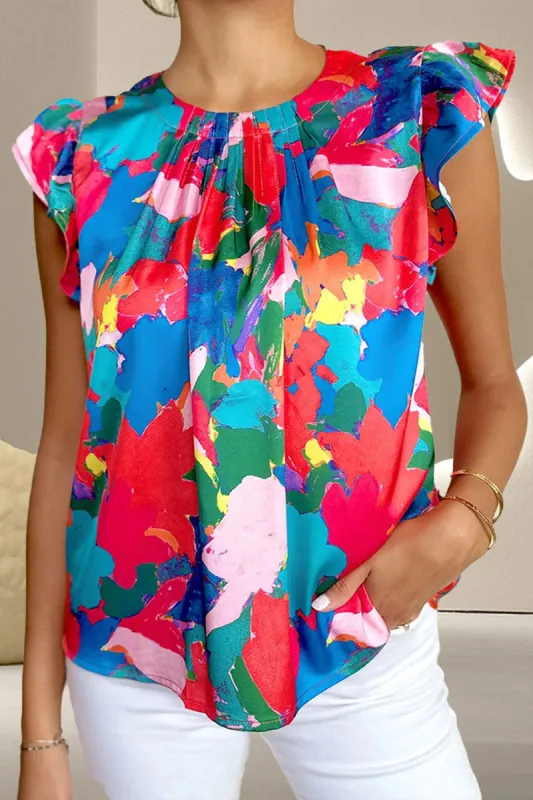 Ruffled Abstract Print Round Neck Cap Sleeve Blouse sold by Charming Charlie