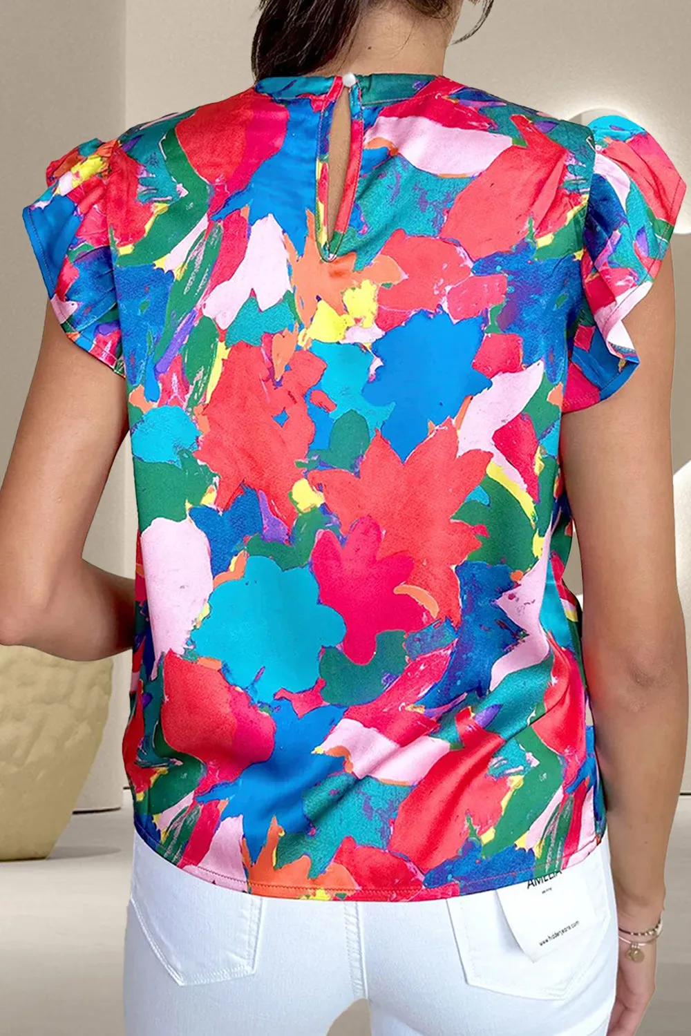 Ruffled Abstract Print Round Neck Cap Sleeve Blouse sold by Charming Charlie product image thumbnail 2