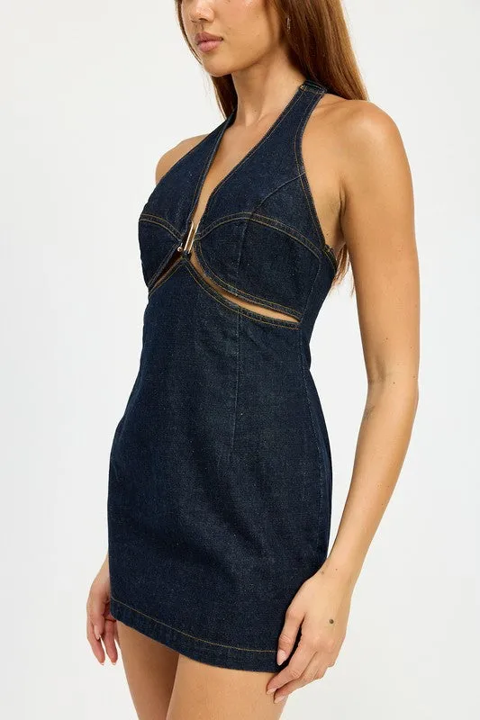 HALTER NECK MINI DENIM DRESS WITH CUT OUT sold by Charming Charlie product image thumbnail 2
