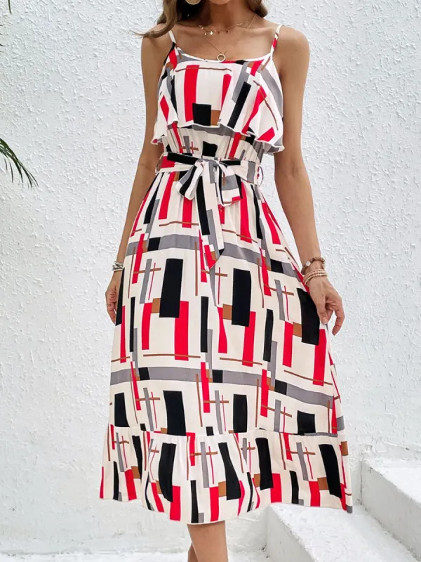 Ruffled Printed Tie Waist Midi Dress sold by Charming Charlie