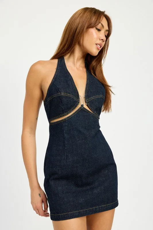 HALTER NECK MINI DENIM DRESS WITH CUT OUT sold by Charming Charlie product image thumbnail 3
