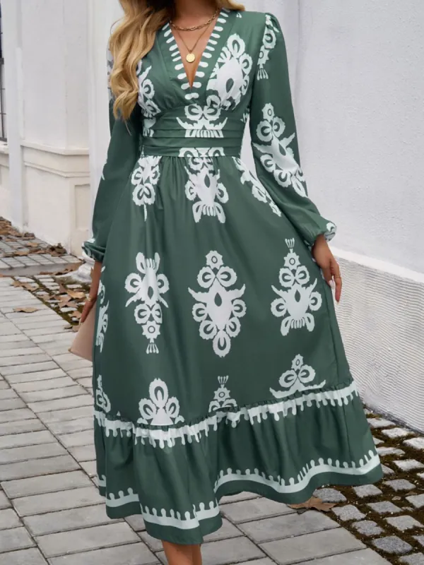 Ruffled Printed Plunge Long Sleeve Dress sold by Charming Charlie