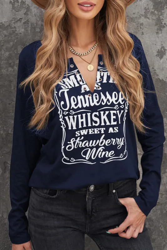 Letter Graphic Notched Long Sleeve T-Shirt sold by Charming Charlie