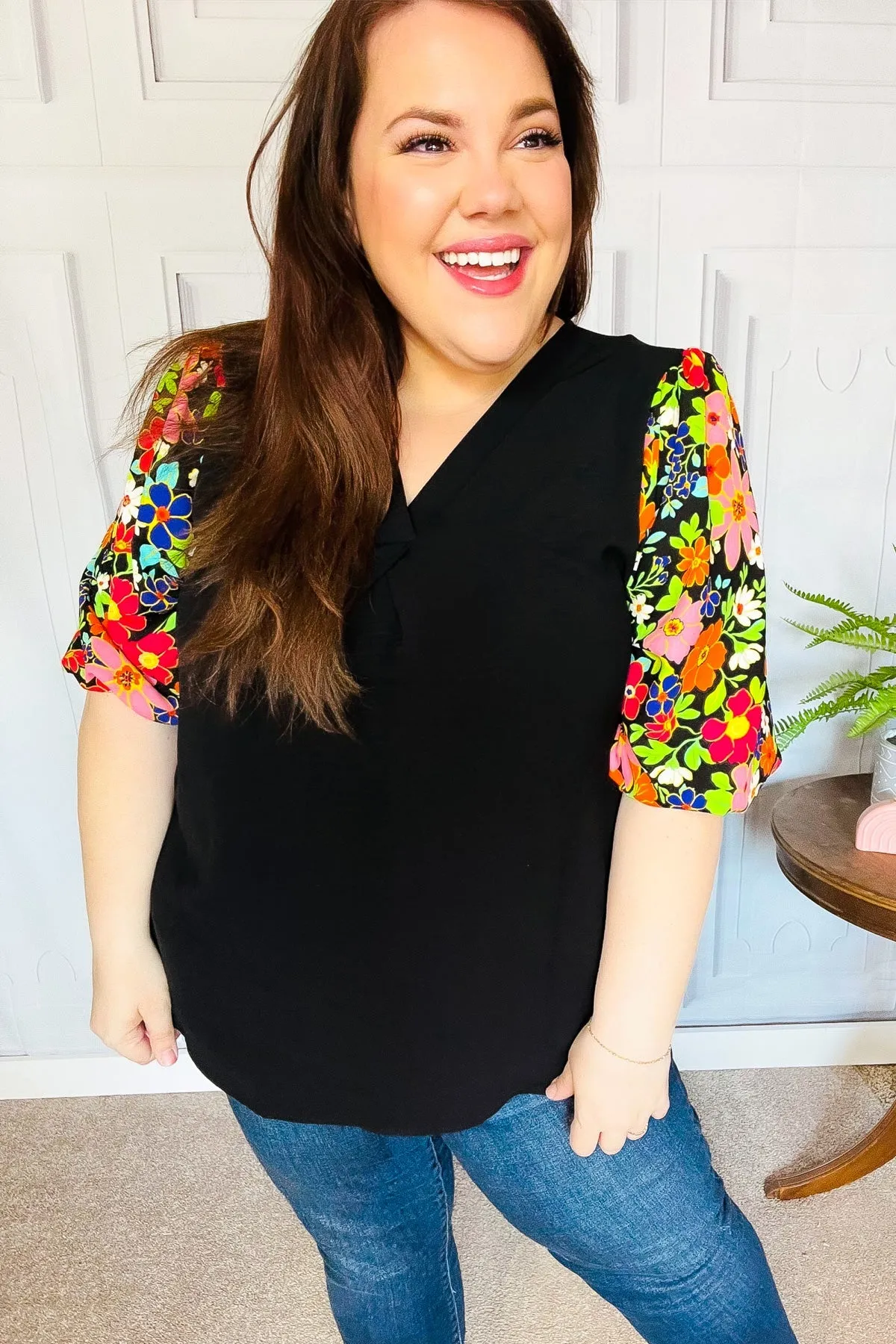 Eyes On You Black Floral Puff Sleeve V Neck Top sold by Charming Charlie product image thumbnail 4