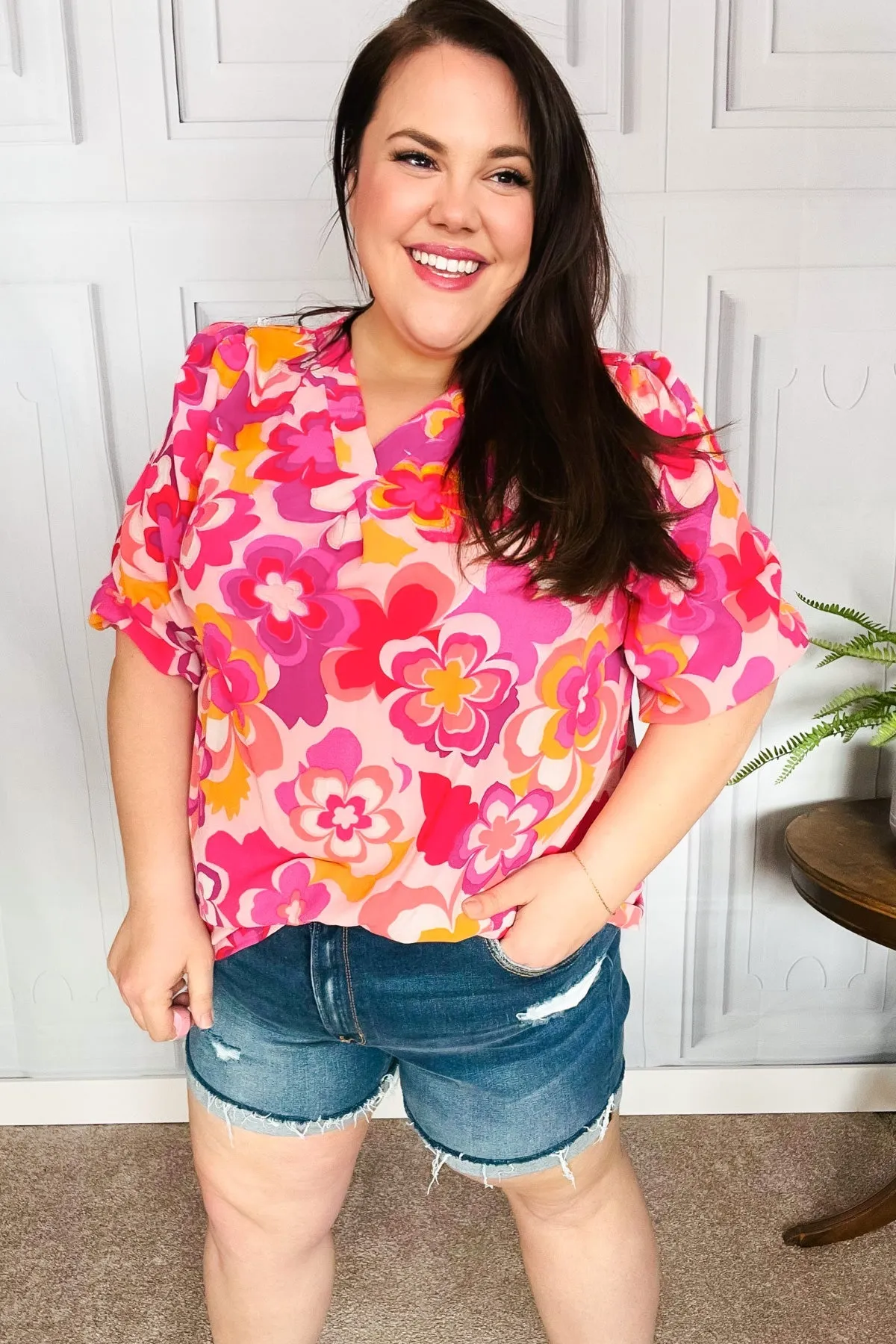 All That You Need Pink Floral Puff Sleeve V Neck Top sold by Charming Charlie product image thumbnail 3