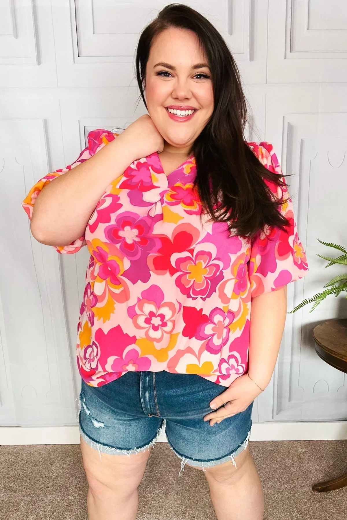 All That You Need Pink Floral Puff Sleeve V Neck Top sold by Charming Charlie