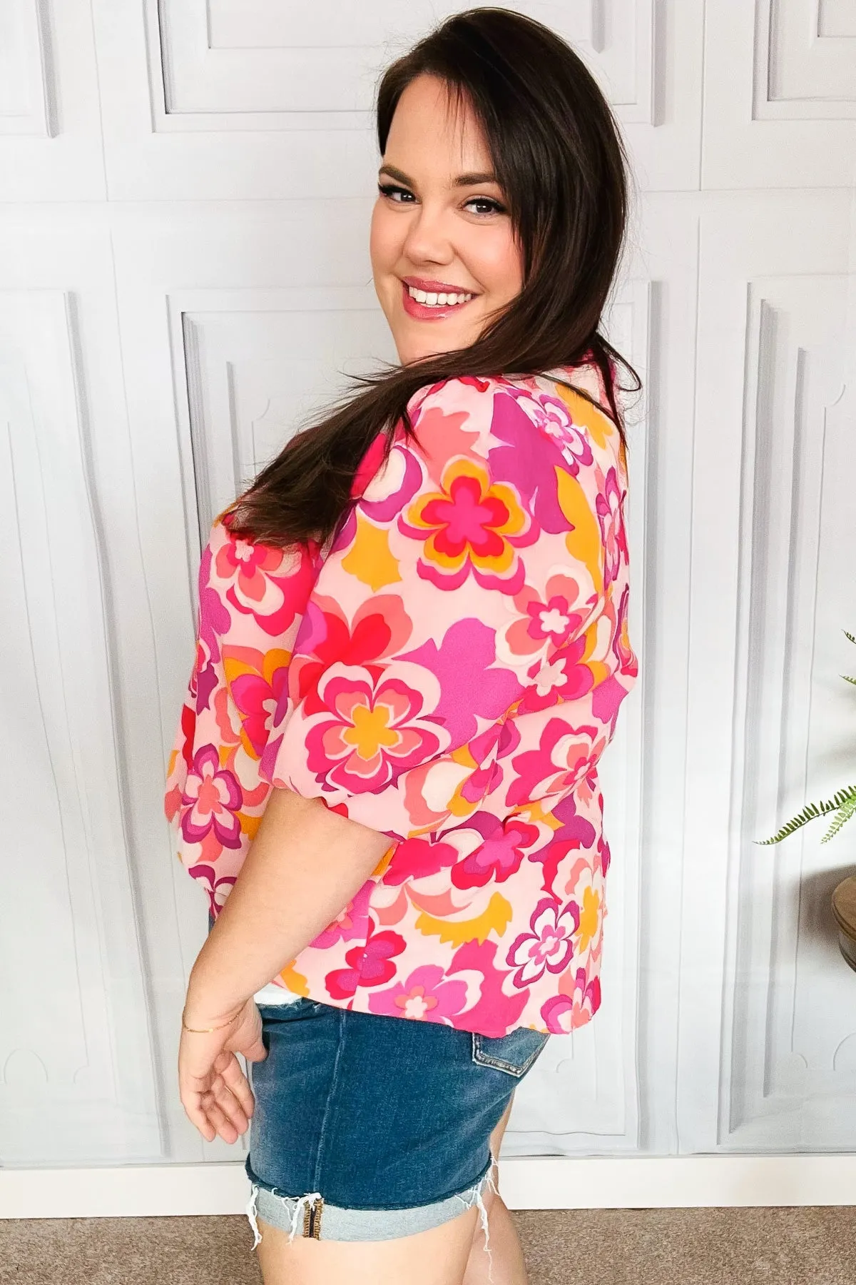 All That You Need Pink Floral Puff Sleeve V Neck Top sold by Charming Charlie product image thumbnail 5