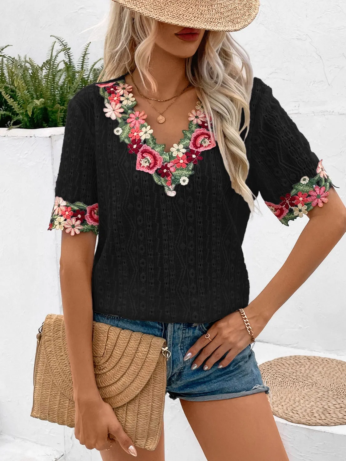 Eyelet Embroidered V-Neck Short Sleeve Blouse sold by Charming Charlie product image thumbnail 4