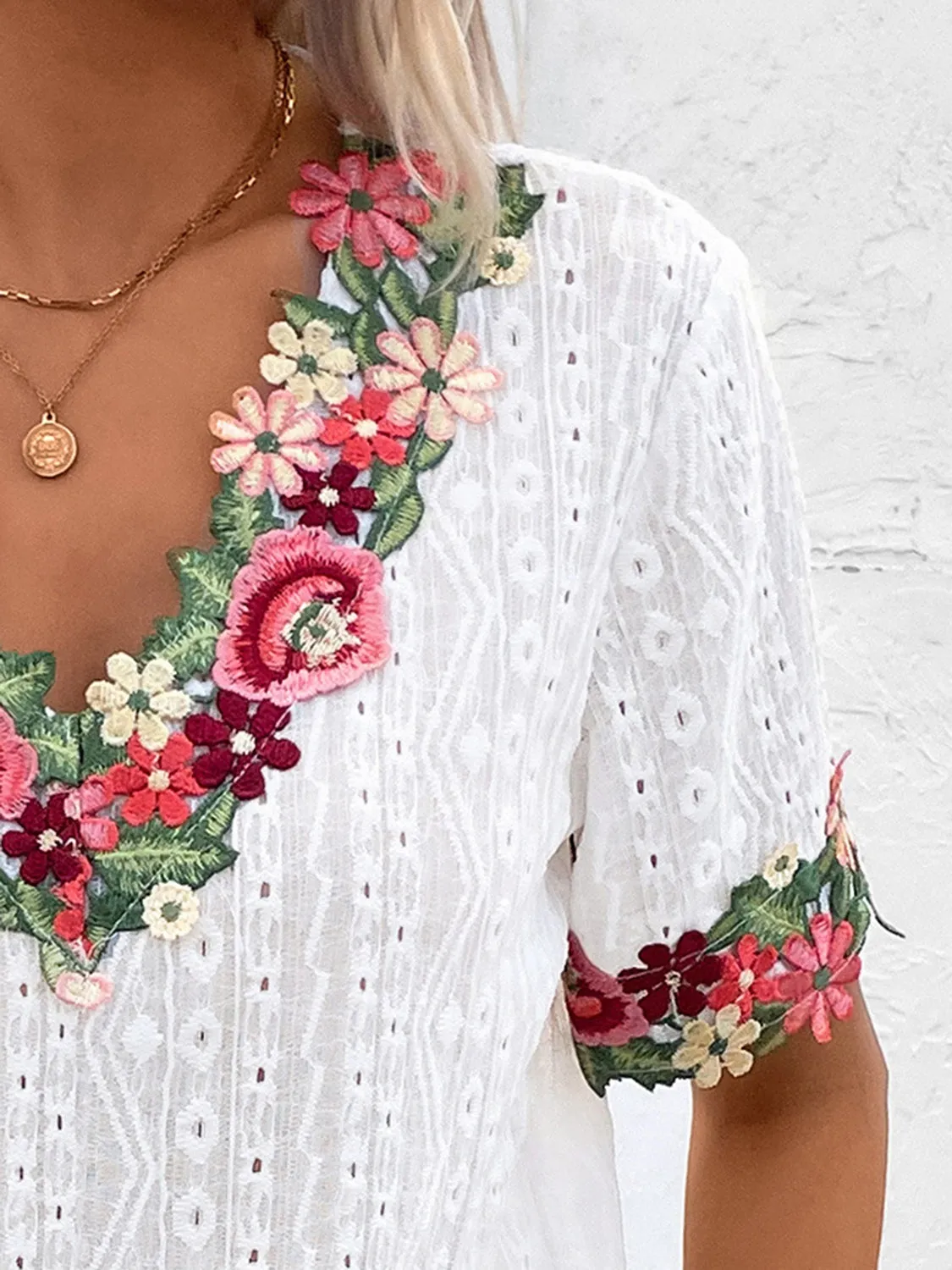 Eyelet Embroidered V-Neck Short Sleeve Blouse sold by Charming Charlie product image thumbnail 3