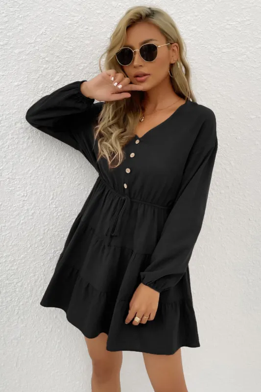 Decorative Button Tie Front Tiered Mini Dress sold by Charming Charlie