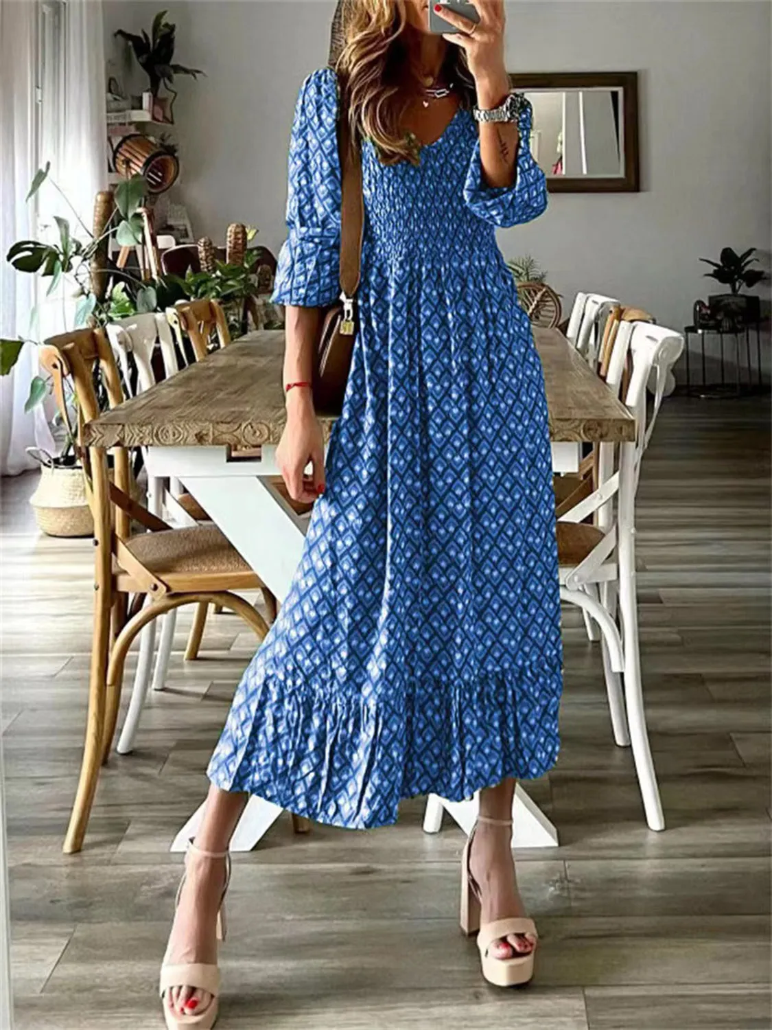 Smocked Printed V-Neck Midi Dress sold by Charming Charlie product image thumbnail 4