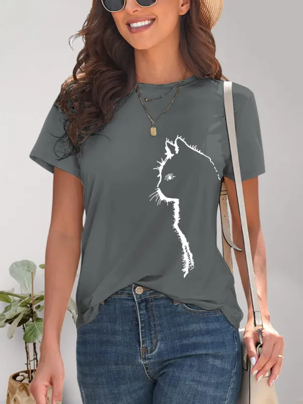Cat Round Neck Short Sleeve T-Shirt sold by Charming Charlie