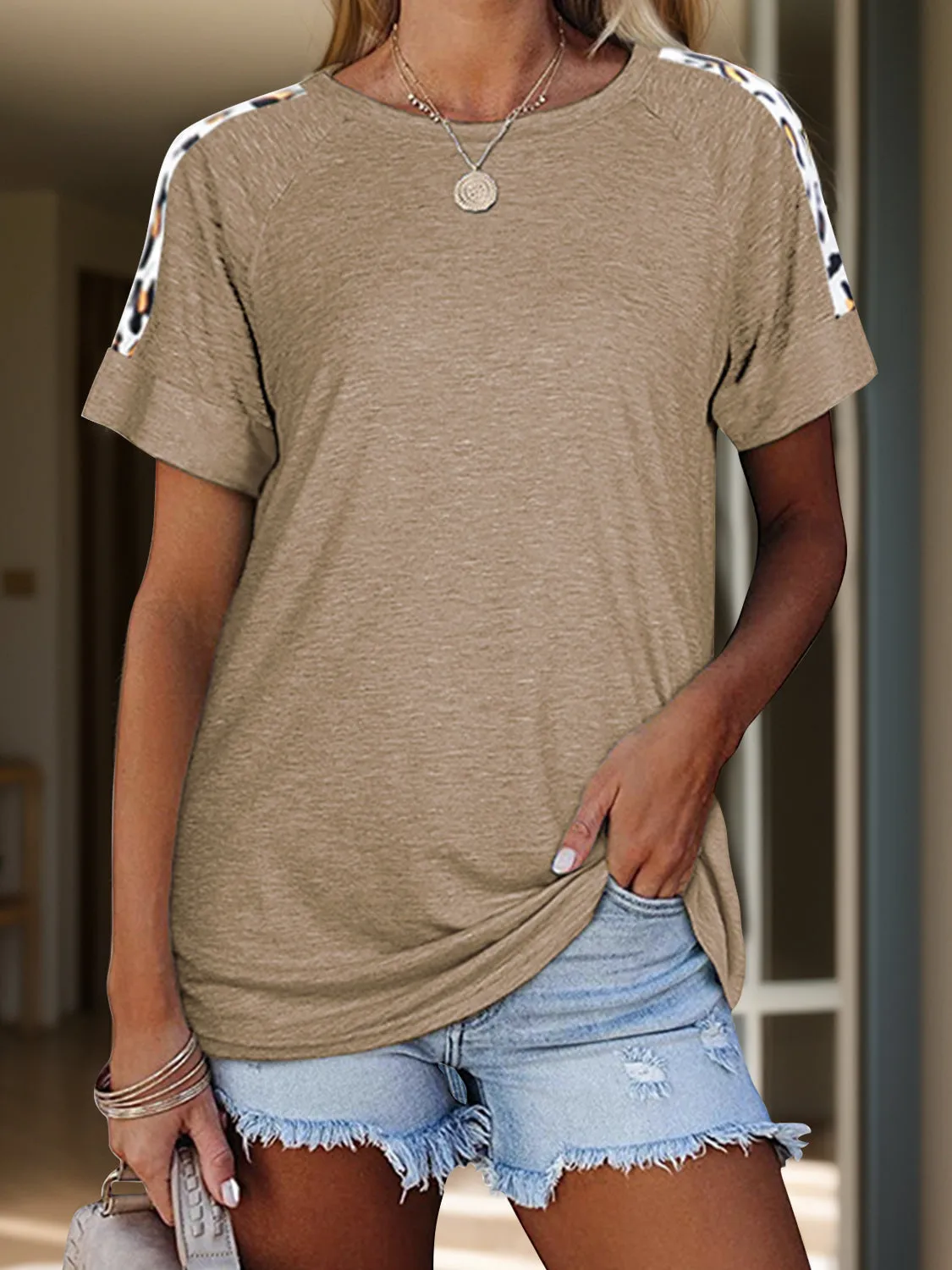 Full Size Leopard Round Neck Short Sleeve T-Shirt sold by Charming Charlie