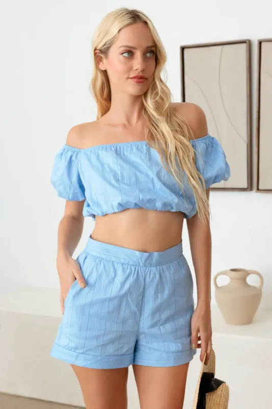 LE LIS COLLECTION Off Shoulder Crop Top and High Waist Shorts Set sold by Charming Charlie