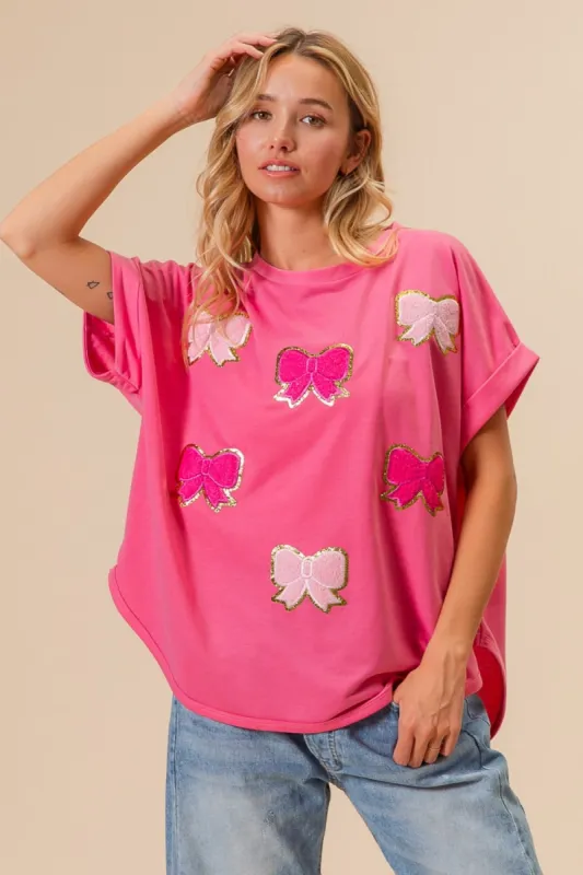 BiBi French Terry Drop Shoulder Bow Patched T-Shirt sold by Charming Charlie