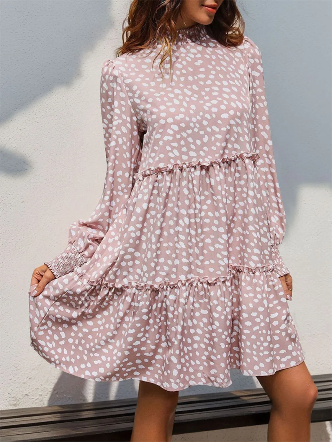 Frill Printed Mock Neck Long Sleeve Mini Dress sold by Charming Charlie product image thumbnail 4