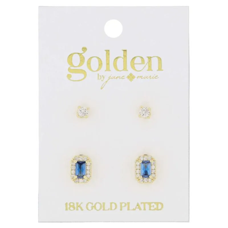 18K Gold Plated 2 Stud Set, Crystal, Light Sapphire Baguette Earrings, .15", .35" Top to Bottom sold by Charming Charlie