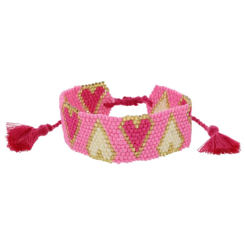 Pink with Gold and Hot Pink and Ivory Hearts Beaded Band Bracelet, 1" Wide sold by Charming Charlie