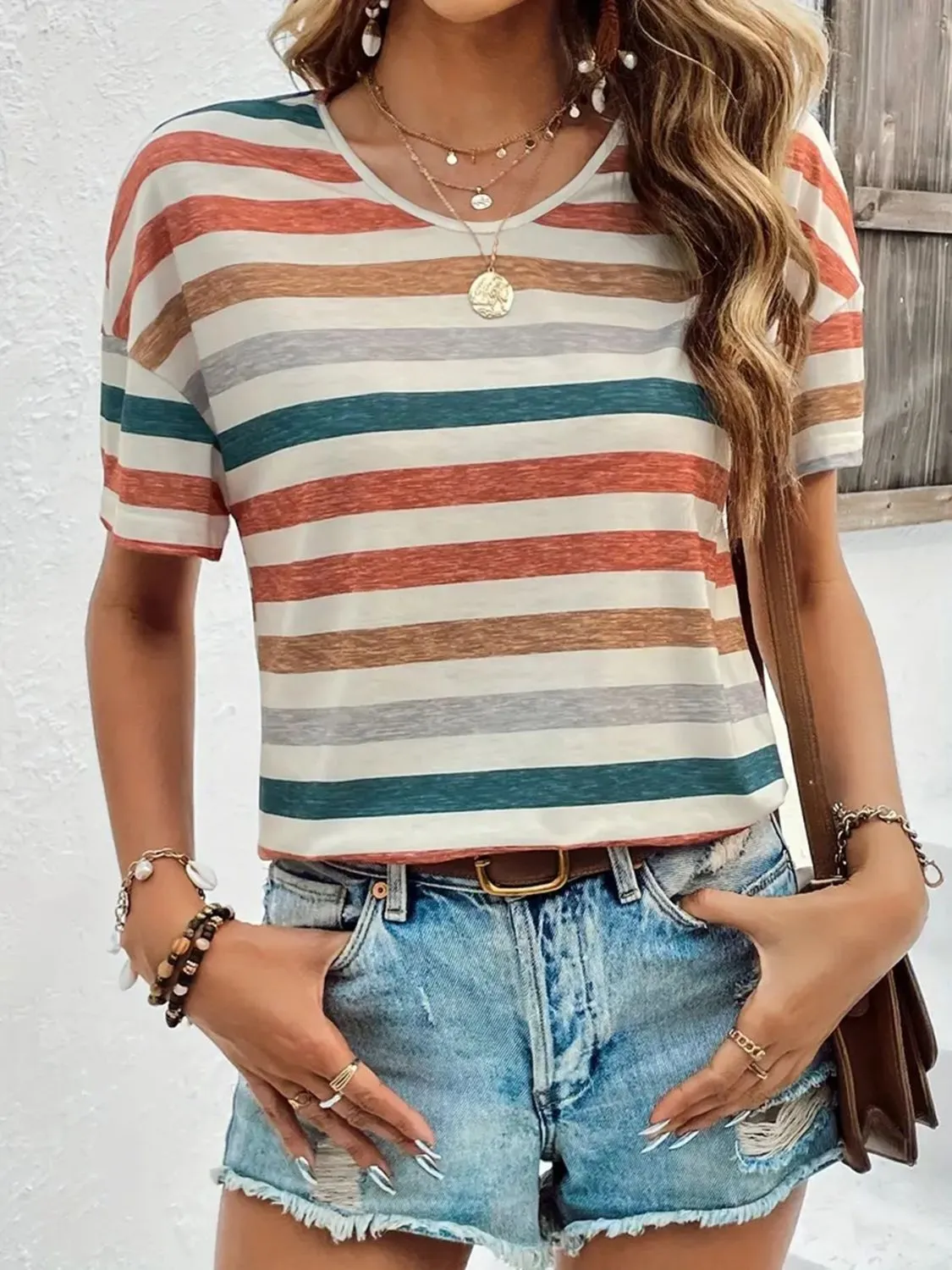 Striped Round Neck Short Sleeve T-Shirt sold by Charming Charlie product image thumbnail 5