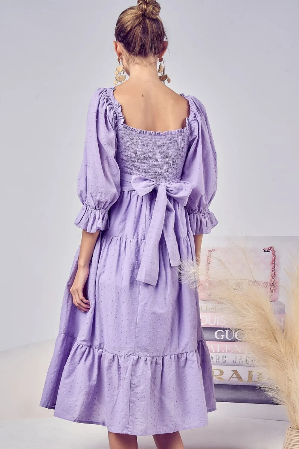 BiBi Swiss Dot Flounce Sleeve Smocked Tiered Midi Dress sold by Charming Charlie product image thumbnail 2
