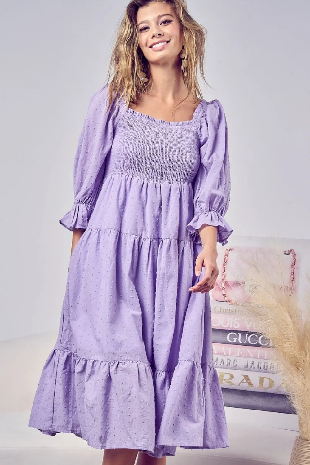 BiBi Swiss Dot Flounce Sleeve Smocked Tiered Midi Dress sold by Charming Charlie product image thumbnail 3