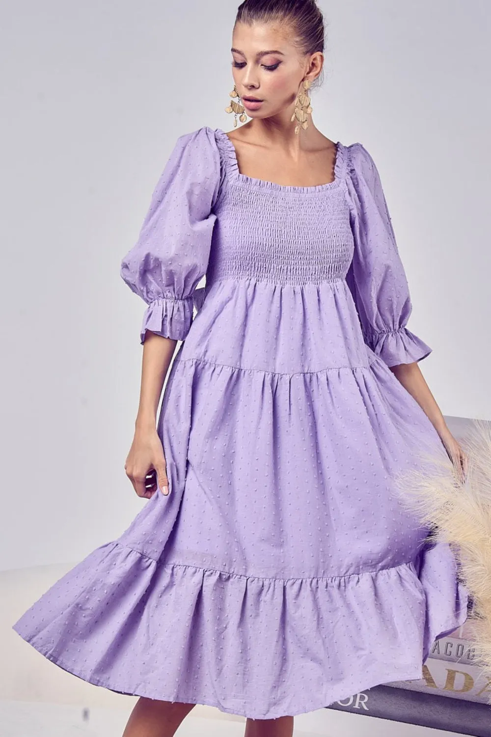 BiBi Swiss Dot Flounce Sleeve Smocked Tiered Midi Dress sold by Charming Charlie product image thumbnail 4