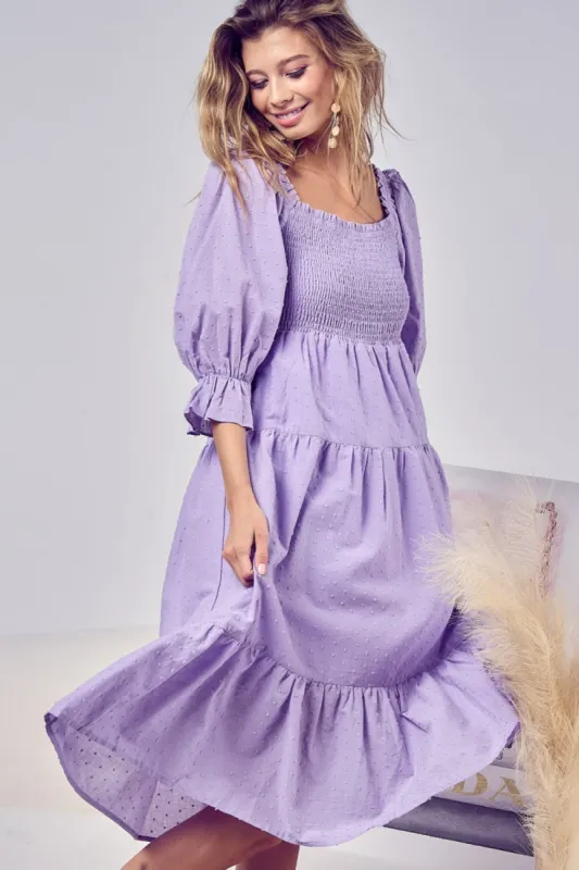 BiBi Swiss Dot Flounce Sleeve Smocked Tiered Midi Dress sold by Charming Charlie
