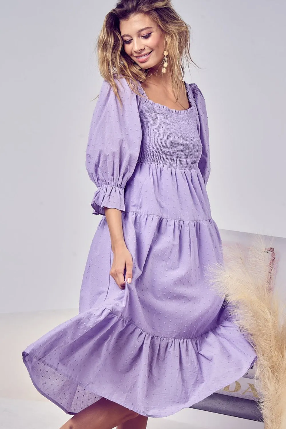 BiBi Swiss Dot Flounce Sleeve Smocked Tiered Midi Dress sold by Charming Charlie