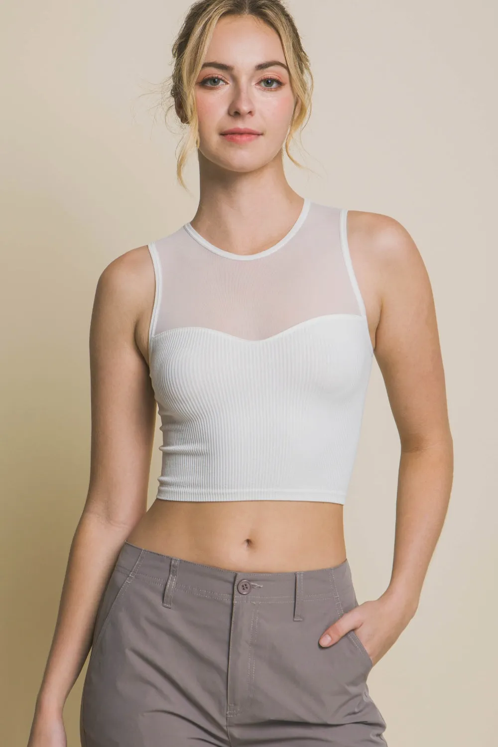 Love Tree Round Neck Ribbed Cropped Mesh Tank sold by Charming Charlie
