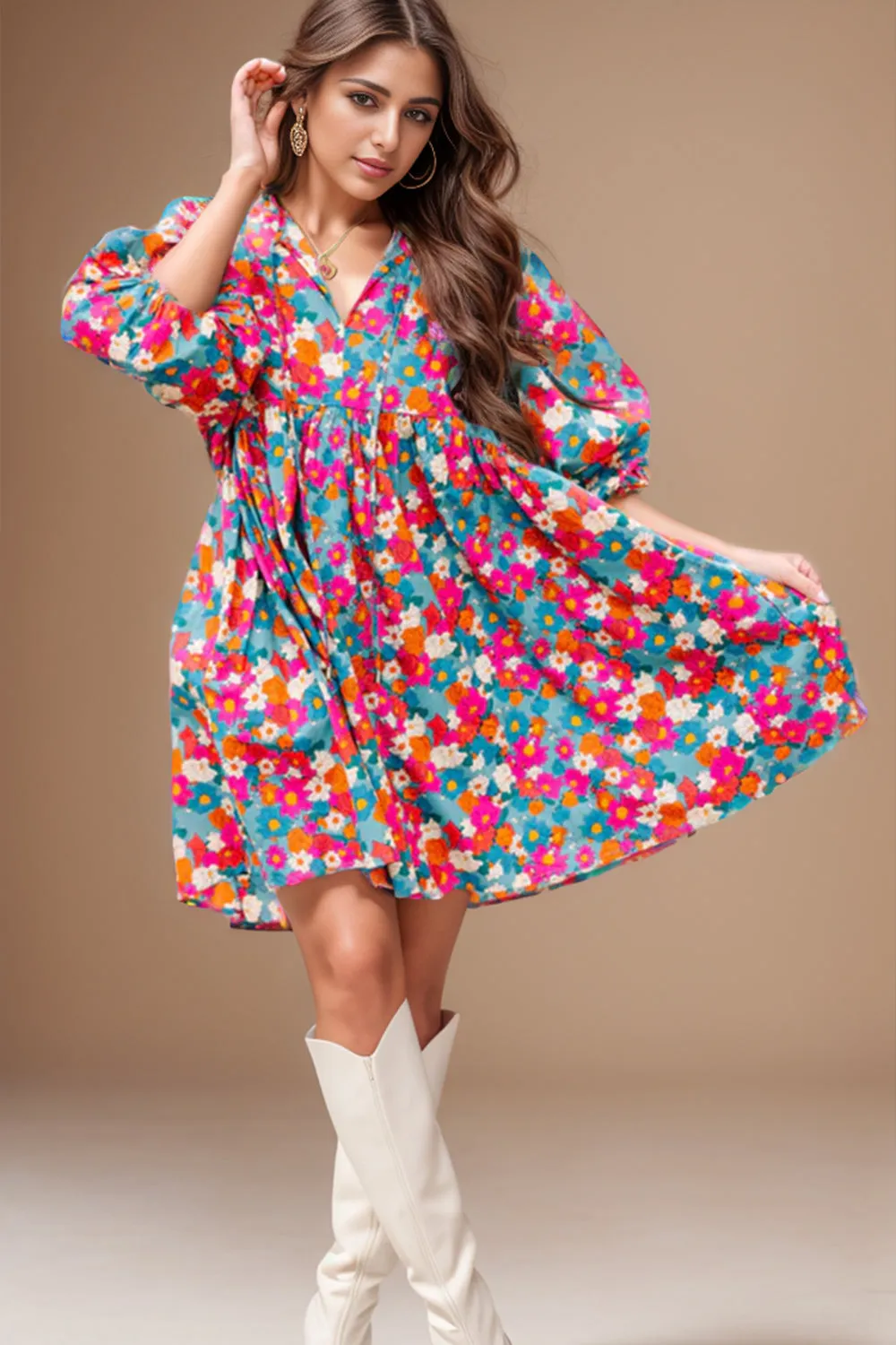 Floral Tie Neck Puff Sleeve Mini Dress sold by Charming Charlie