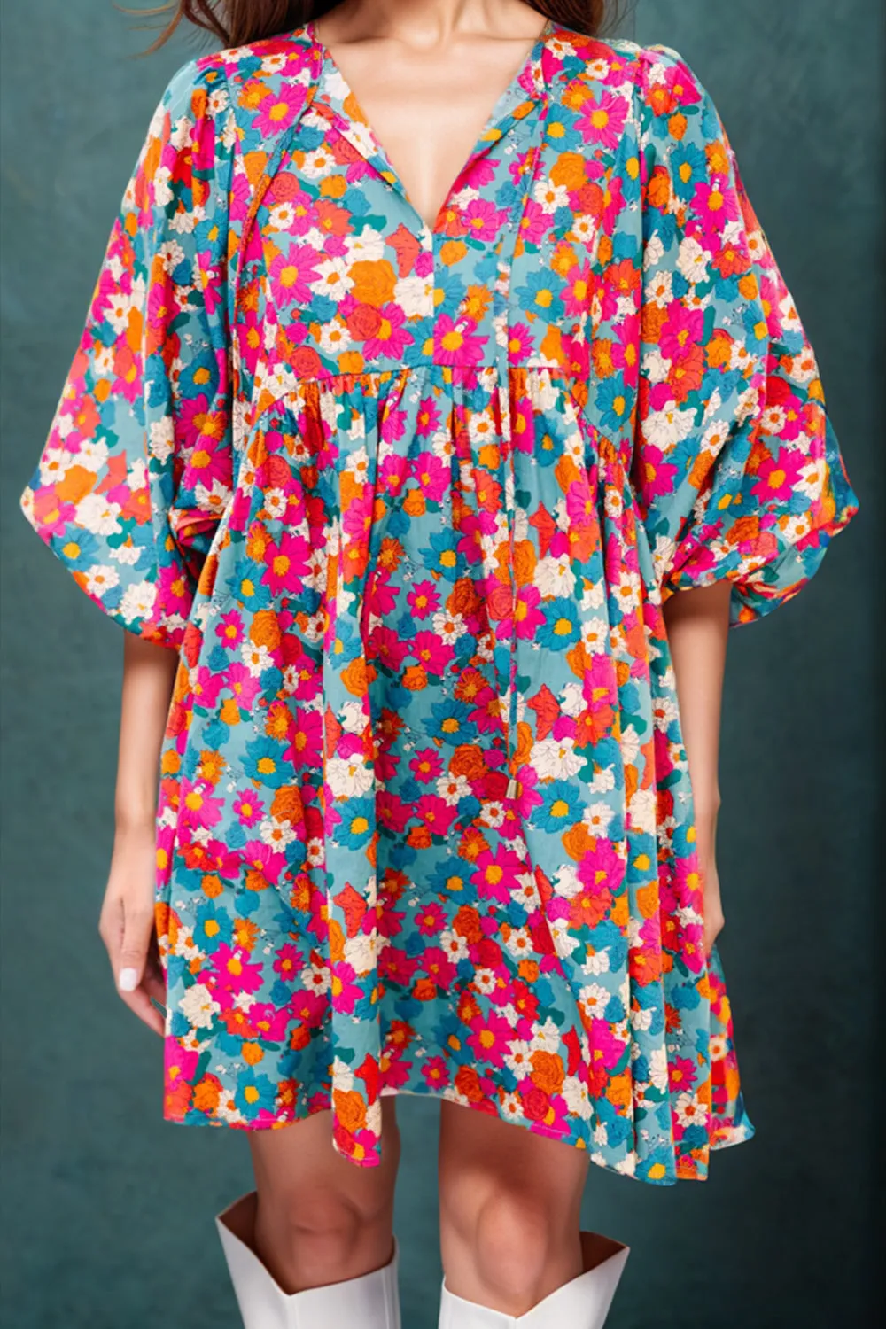Floral Tie Neck Puff Sleeve Mini Dress sold by Charming Charlie product image thumbnail 2