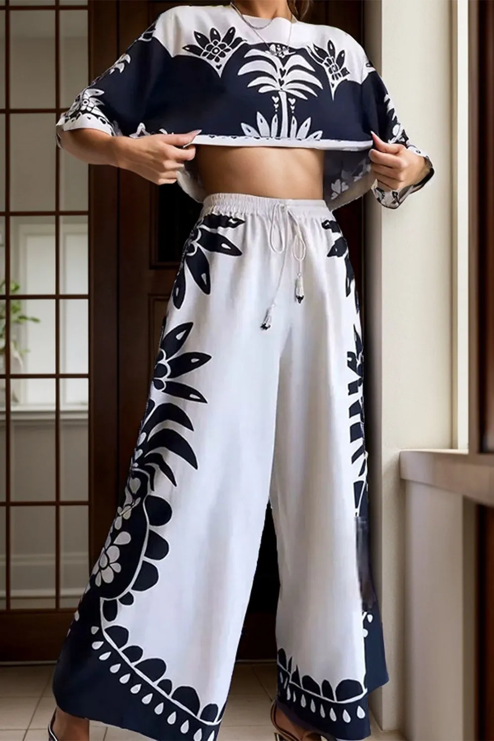 Printed Half Sleeve Top and Wide Leg Pants Set sold by Charming Charlie product image thumbnail 3