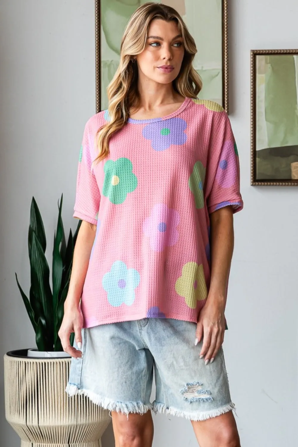 HOPELY Full Size Floral Round Neck Side Slit Waffle T-Shirt sold by Charming Charlie product image thumbnail 3